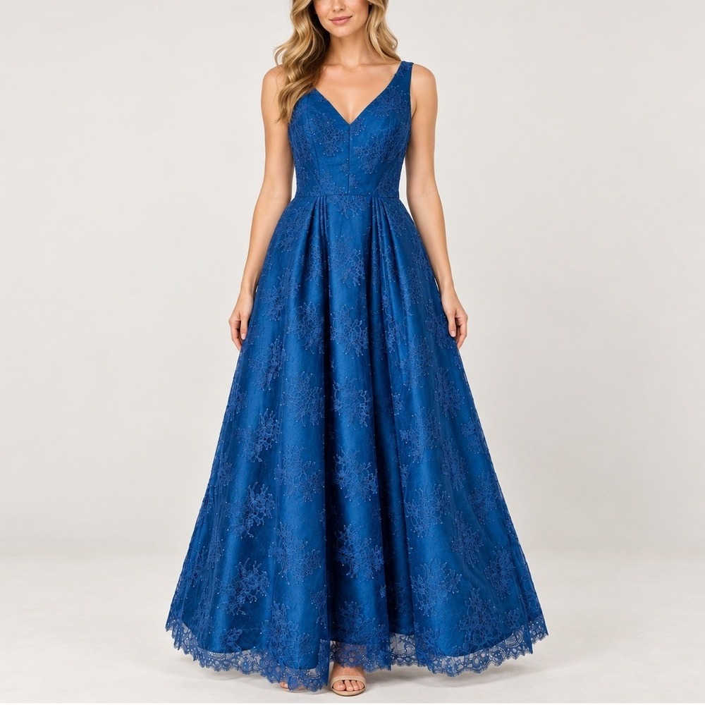 ML Monique Lhuillier Lace Gown 4 Blue Formal Maxi Evening Dress
